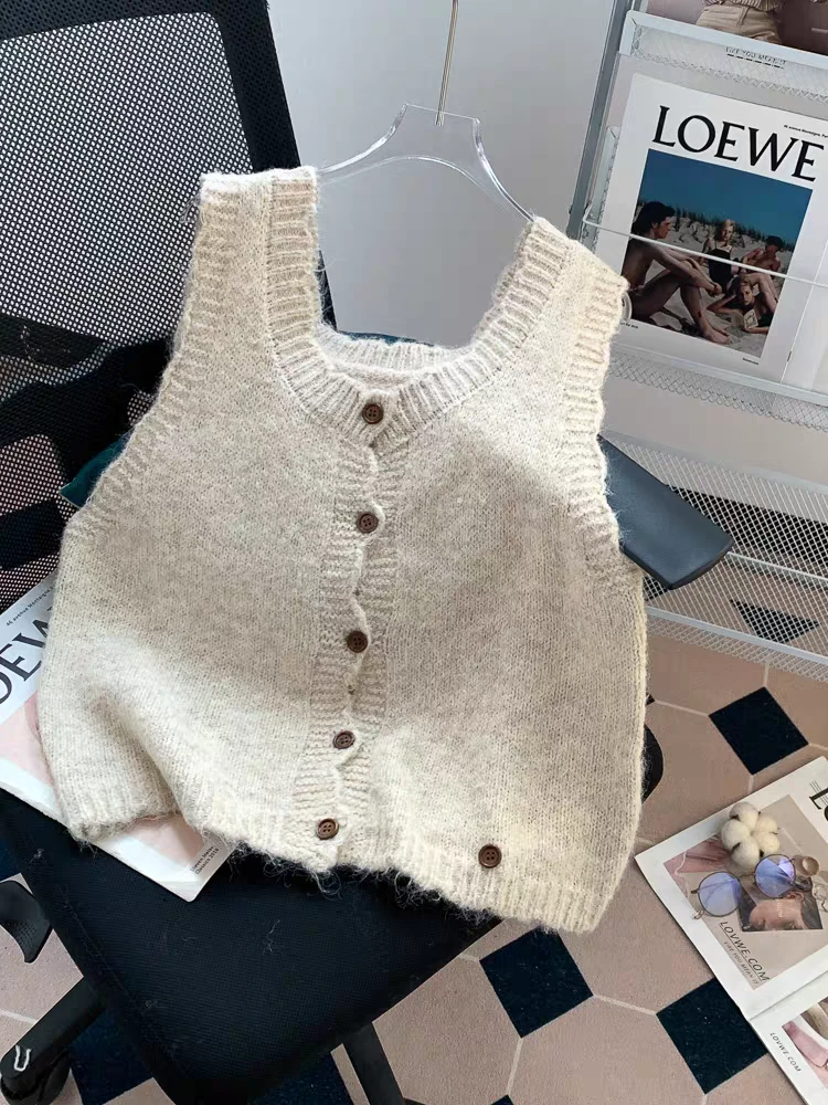 秋冬气质网红无外穿袖甜美复古花边小木扣针织背心马甲百搭上衣