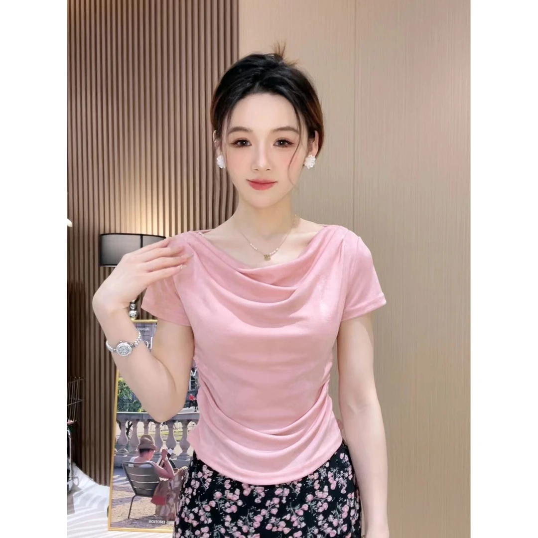 【玫瑰庄园】法式荡领一字肩短袖女修身收腰显瘦甜辣上衣