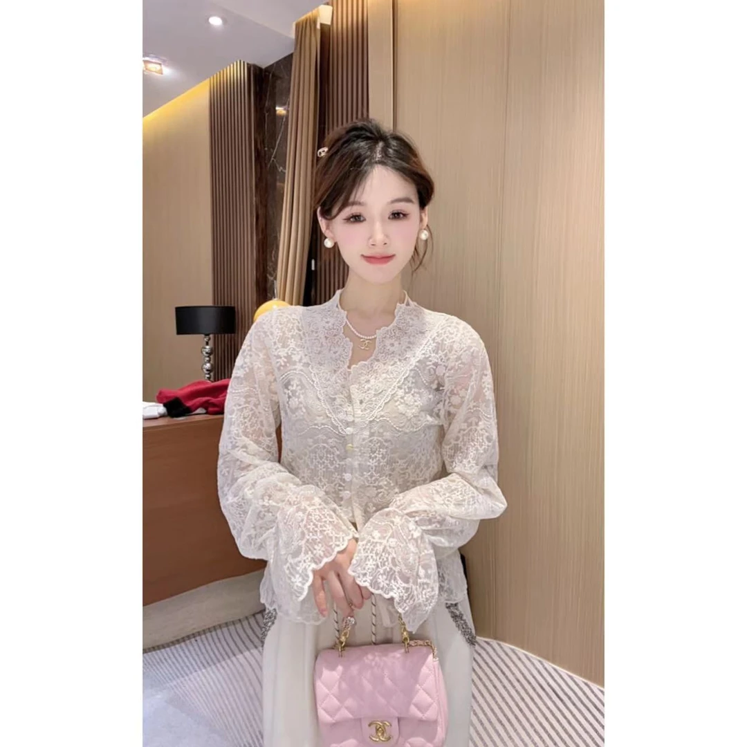 【蕾丝绮梦】法式重工刺绣短款蕾丝衫秋季设计感内搭打底衫长袖上衣