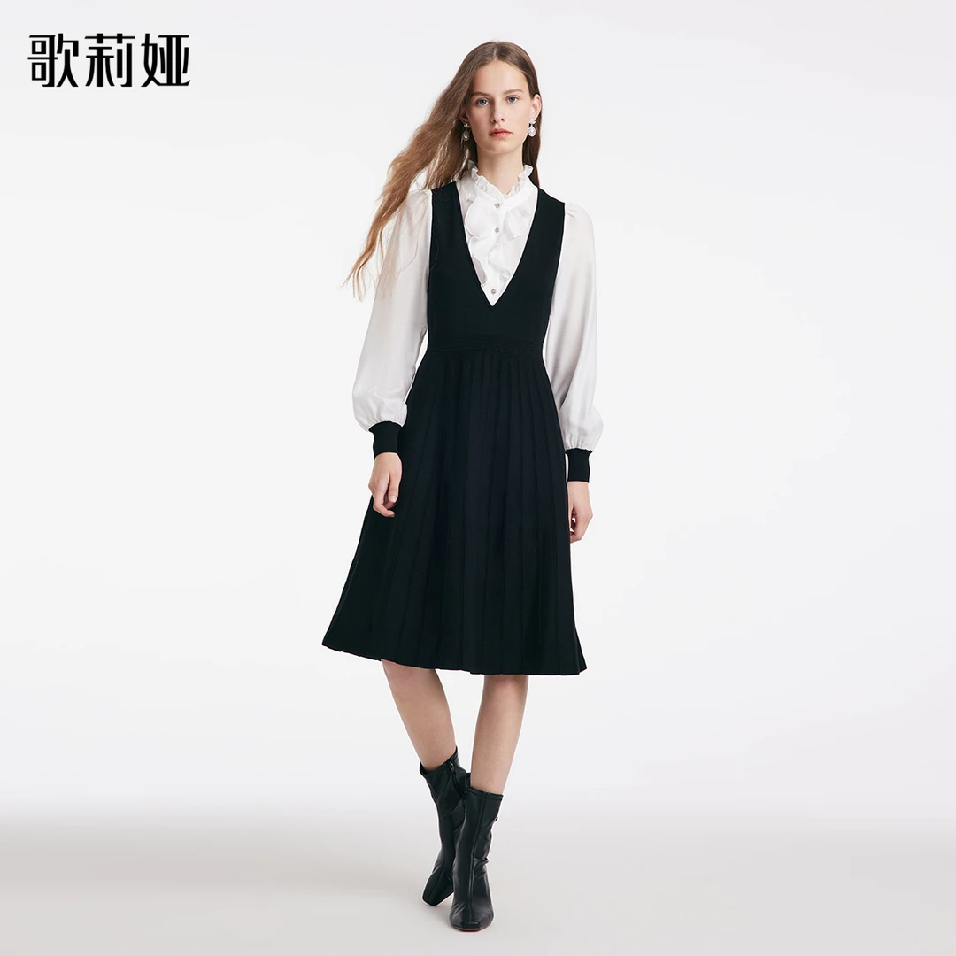 歌莉娅新品天丝混纺毛织拼接醋酸连衣裙1BCR4G300
