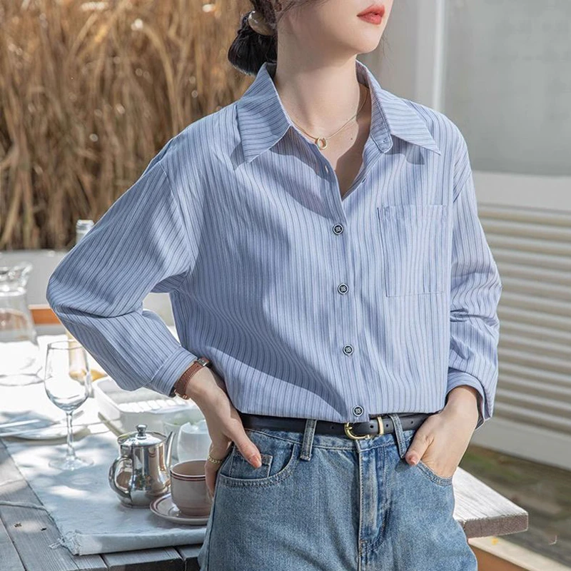 休闲宽松蓝色条纹衬衫女春秋新款长袖Polo领衬衣百搭显瘦薄款上衣