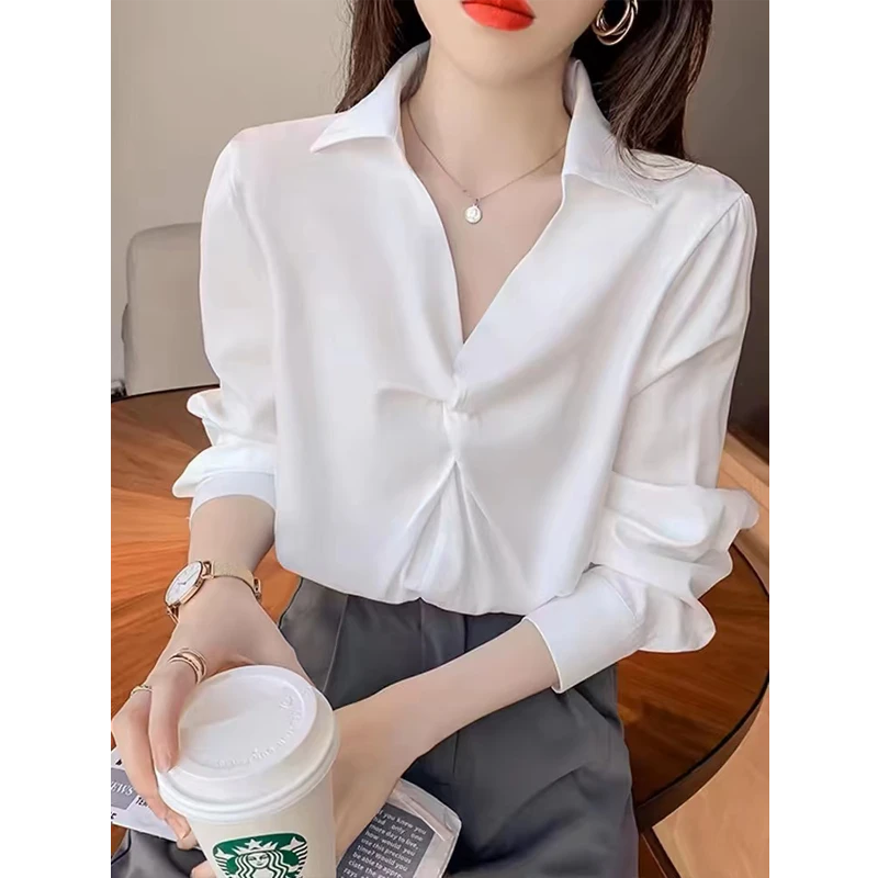 新款高级感醋酸缎面衬衫女职业通勤衬衣设计感上衣春秋装打底长袖