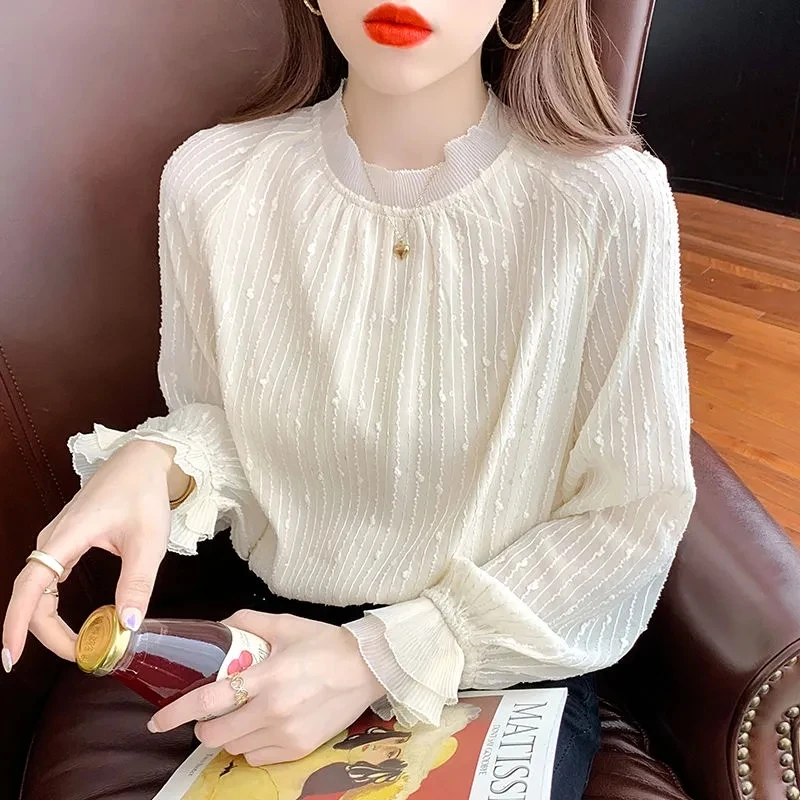 雪纺蕾丝衫女春季韩版新款圆领内搭打底衬衣小众气质百搭长袖上衣