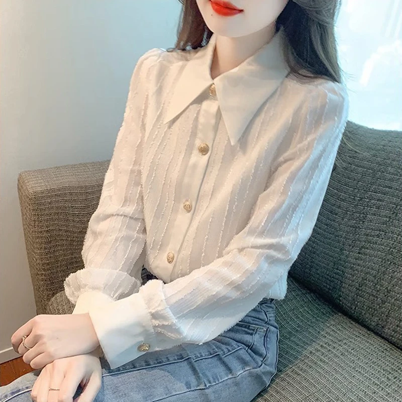 时尚气质长袖尖领白色雪纺衫衬衣女装春季新款简约风百搭衬衫上衣