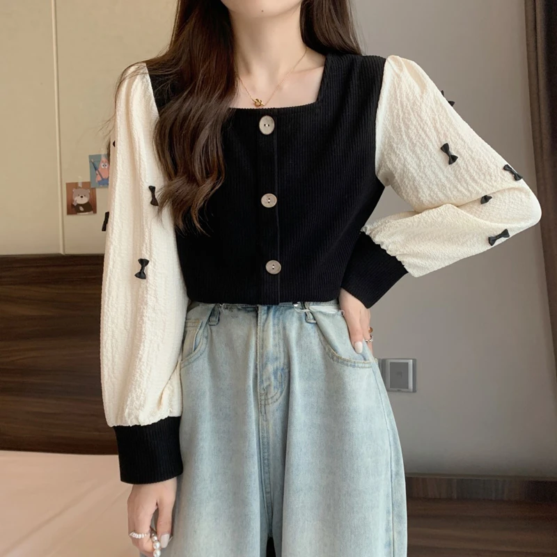 蝴蝶结长袖拼接假两件衬衫女春秋新款别致方领百搭显瘦拼色上衣