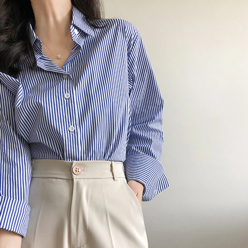 蓝色条纹衬衫女春秋季新款设计感小众宽松百搭Polo领衬衣长袖上衣