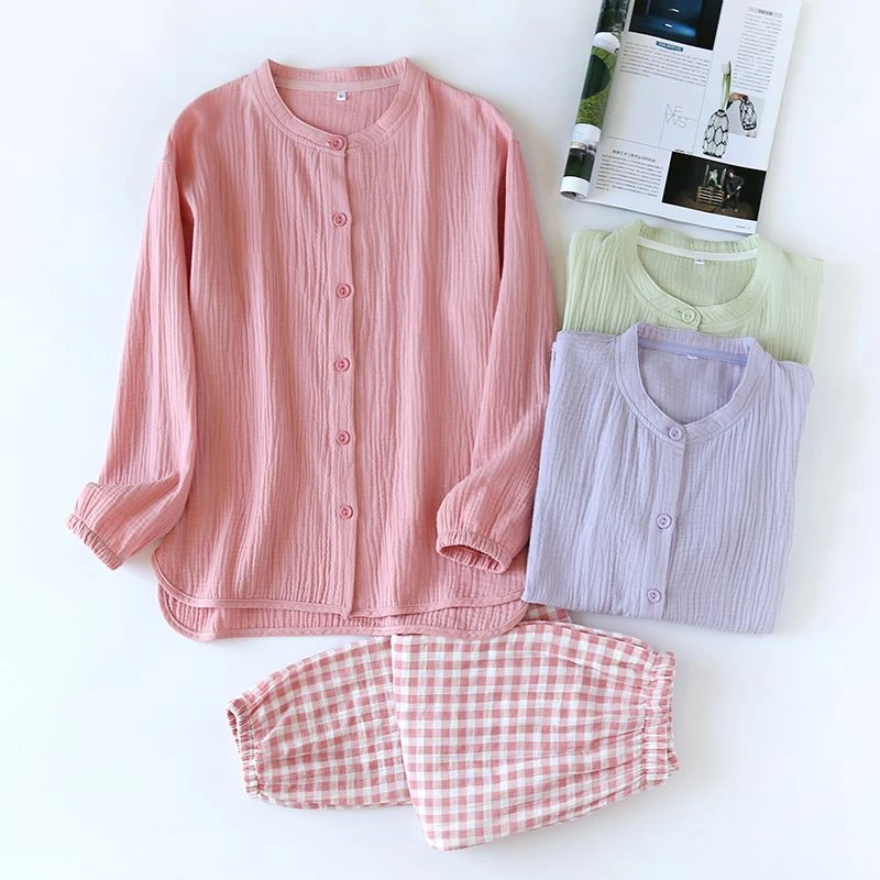 双层纱布睡衣女春秋薄款长袖宽松夏季纯色无领开衫家居服套装