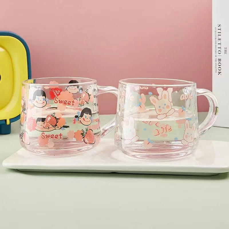 2只装玻璃杯吸管牛奶杯早餐杯带刻度杯子可爱印花杯甜品杯不二家