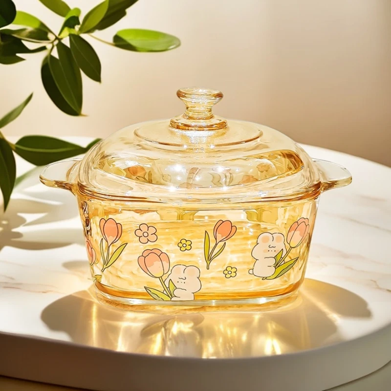 大号带盖易清洗方形大碗煲双耳碗泡面碗琥珀色玻璃煲家用碗