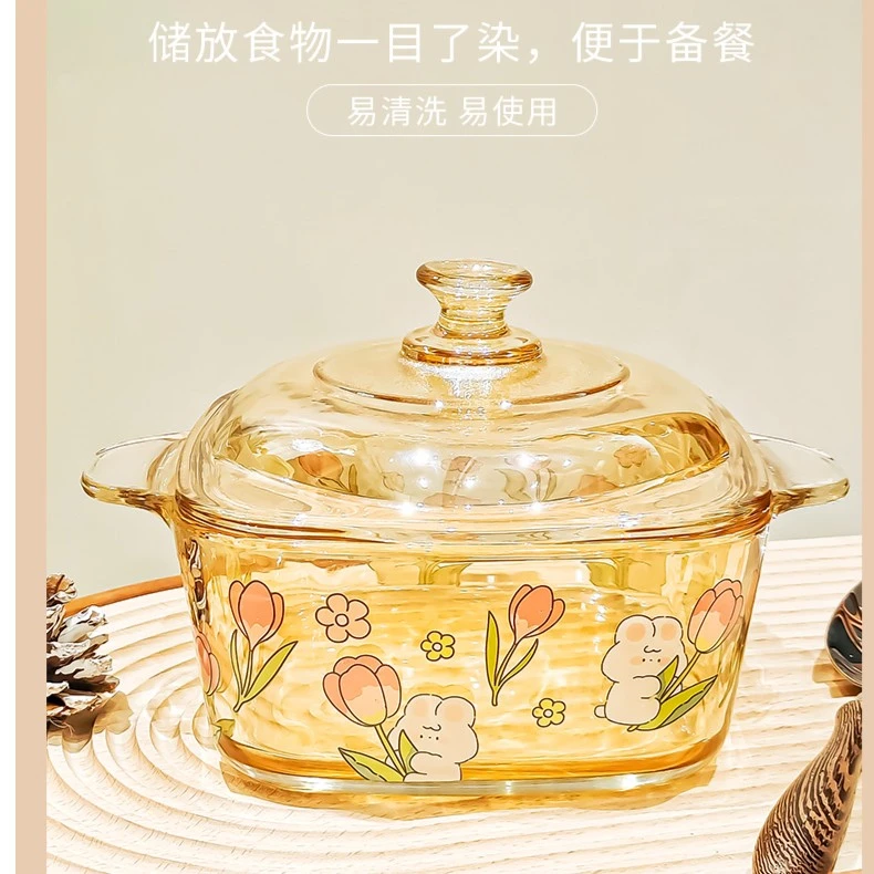 大容量卡通方形大碗煲带盖方形碗琥珀色玻璃煲家用双耳碗泡面碗
