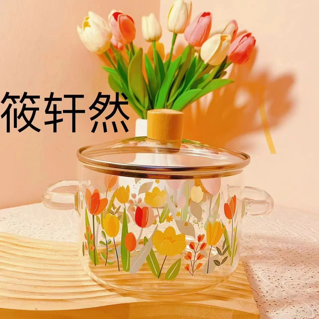 大容量郁金香高硼硅双耳明火耐热带盖泡面碗煮面玻璃锅耐高温明火
