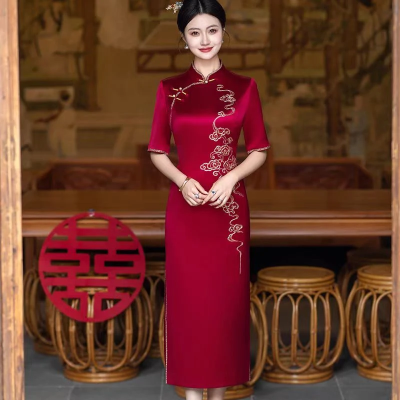 修身婚礼气质喜婆婆婚宴装醋酸旗袍红色金丝中式高端高贵妈妈礼服