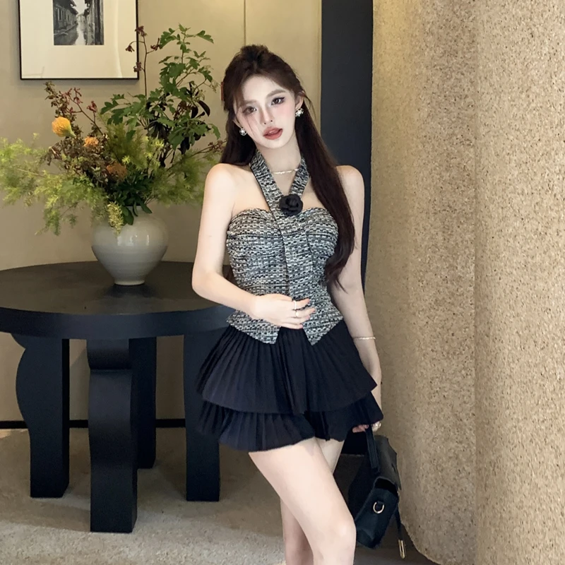 显瘦抹胸背心挂脖上衣辣妹高腰半身短裤裙子时尚套装女两件套夏季