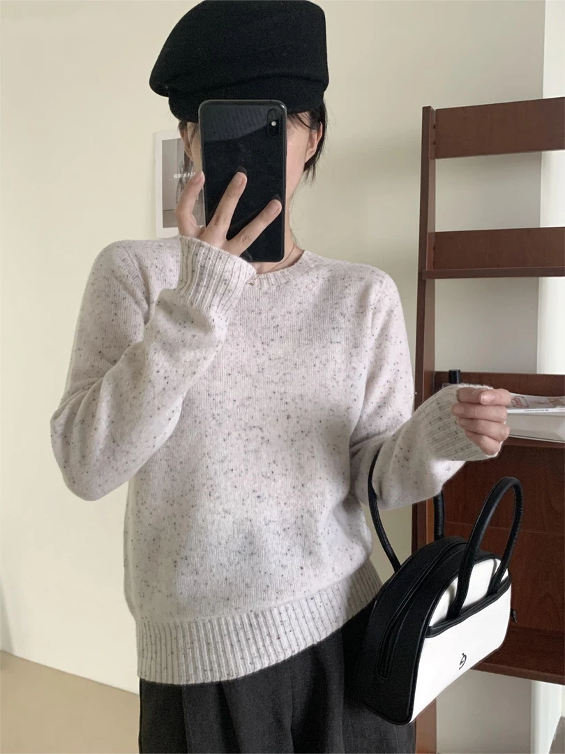【七七专属】秋圆领净版豆豆莎纯色亮片百搭羊绒针织衫-0878