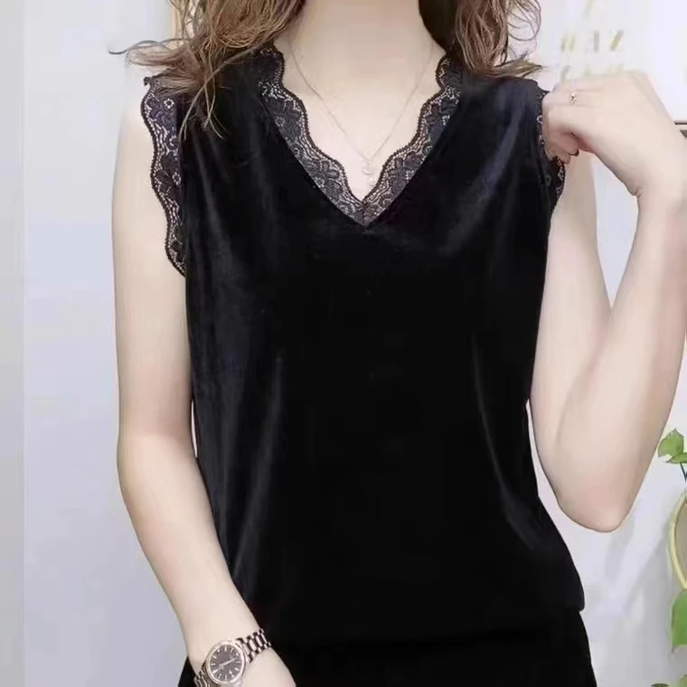 【爱依轩】洋气V领金丝绒夏季背心气质蕾丝拼接黑色宽松女士显瘦