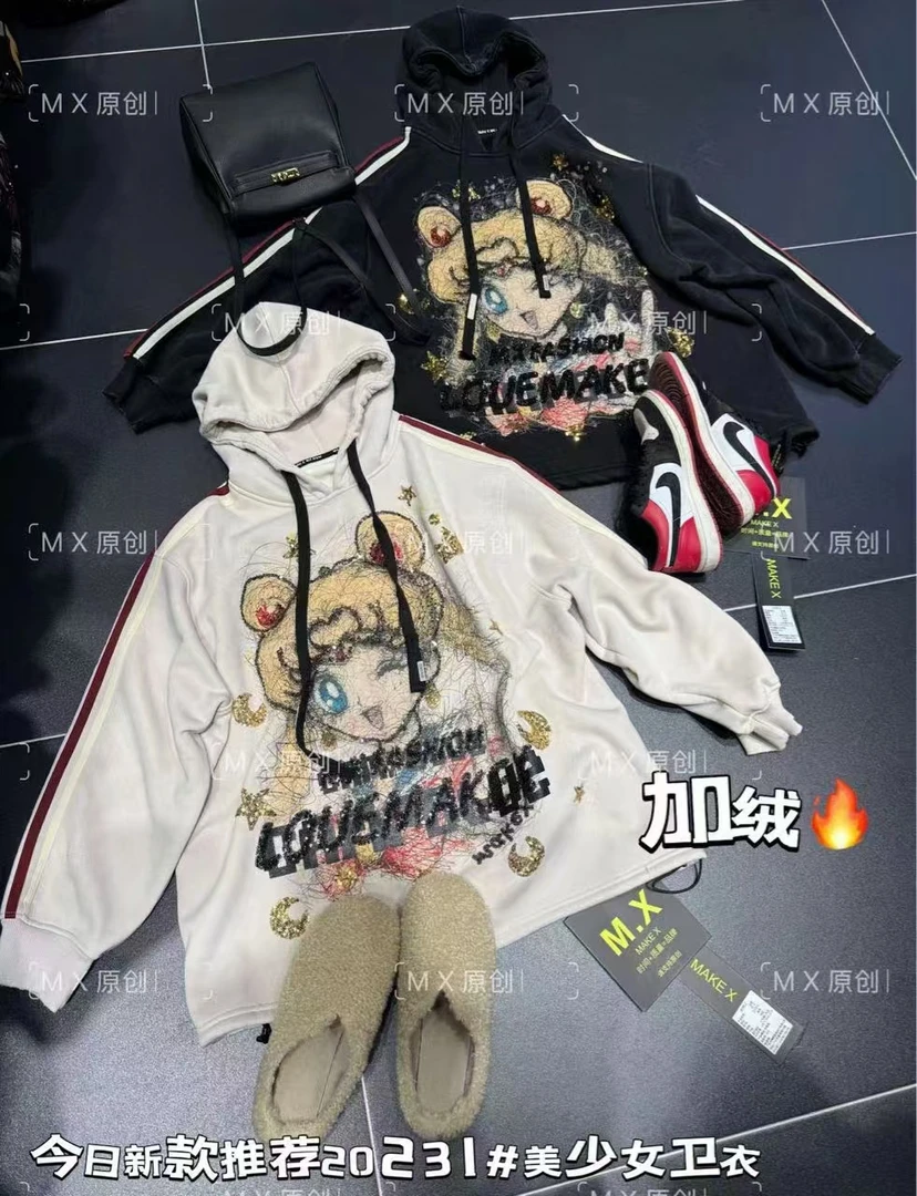 加绒卡通美少女连帽卫衣宽松秋冬时尚休闲外套