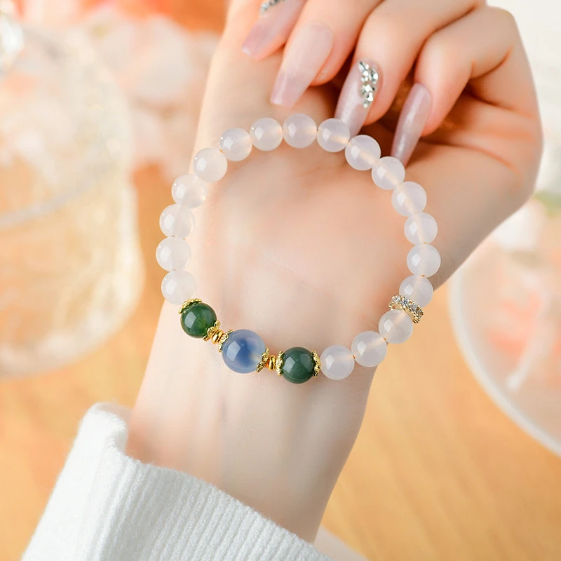 【纯天然保真】天然白玛瑙手串绿玉髓蓝糖心玛瑙新款原创时尚女士