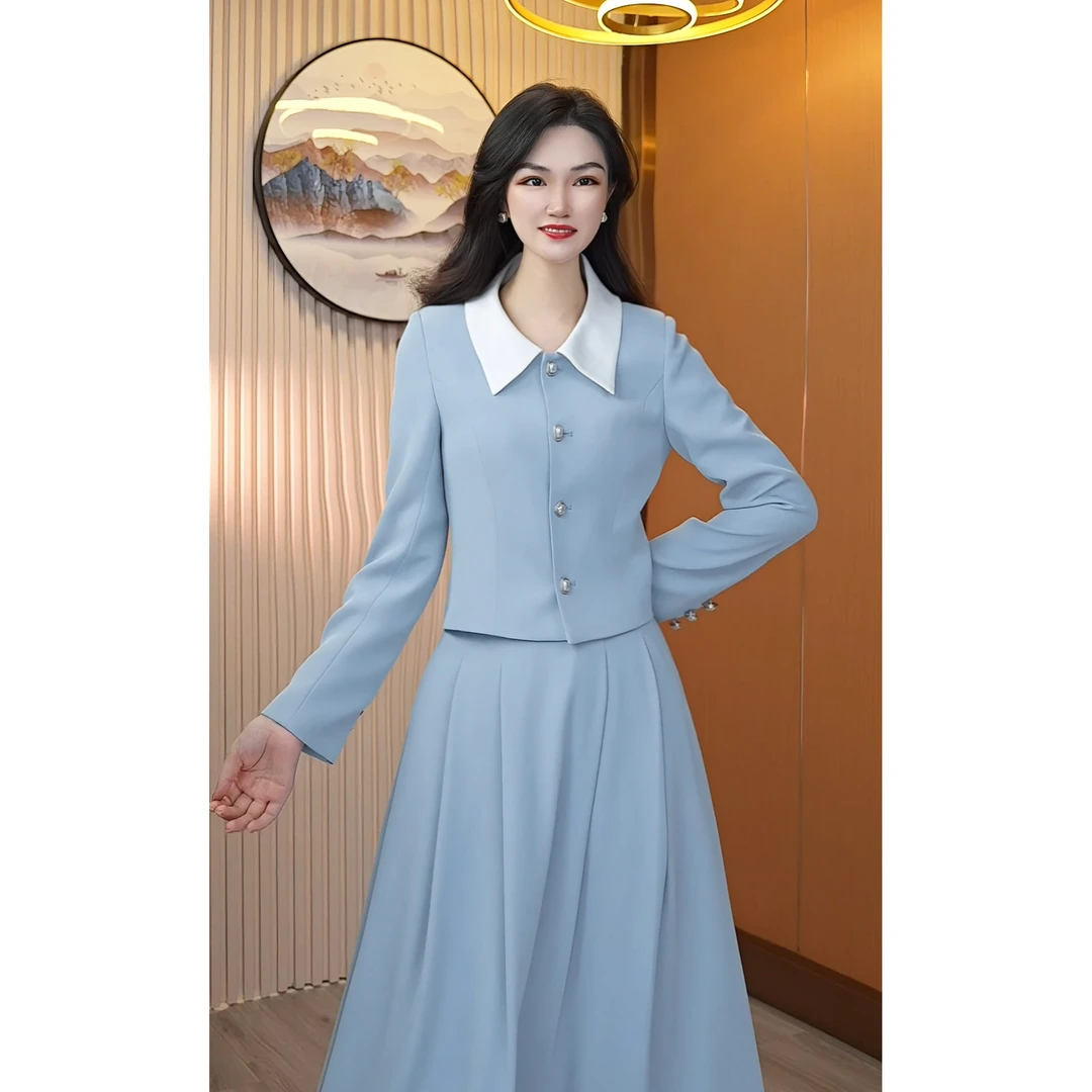 春季新款蓝色温柔气质名媛时尚两件套装高档小个子清新洋气套装