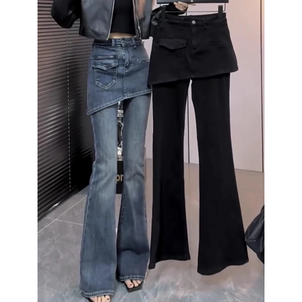 爆款假两件微喇牛仔裤女2024秋季新款胖mm大码显瘦弹力马蹄喇叭裤