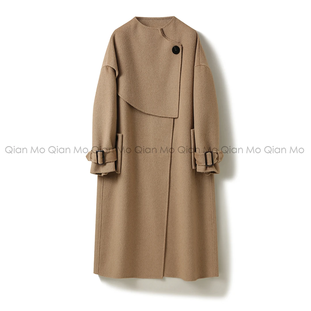 100%骆驼绒女装中长款阔版双面呢大衣圆领oversize女装秋冬外套