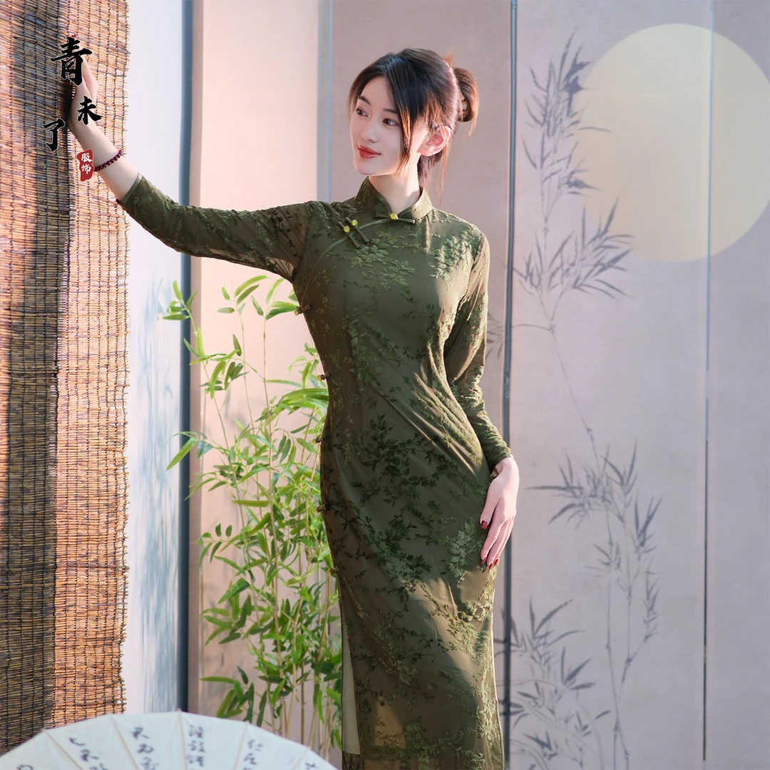 2024秋季新版 网纱植绒 绿色双层中长款旗袍 透气干爽 衣长120
