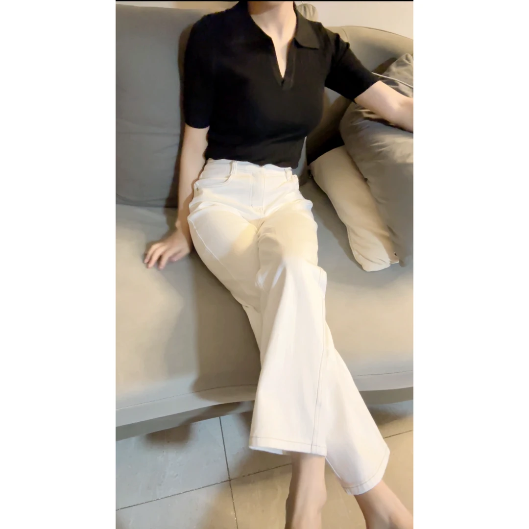 四面弹 . 缎面品质 .珍珠白-直筒拖地裤 女装土耳其牛仔裤 70028