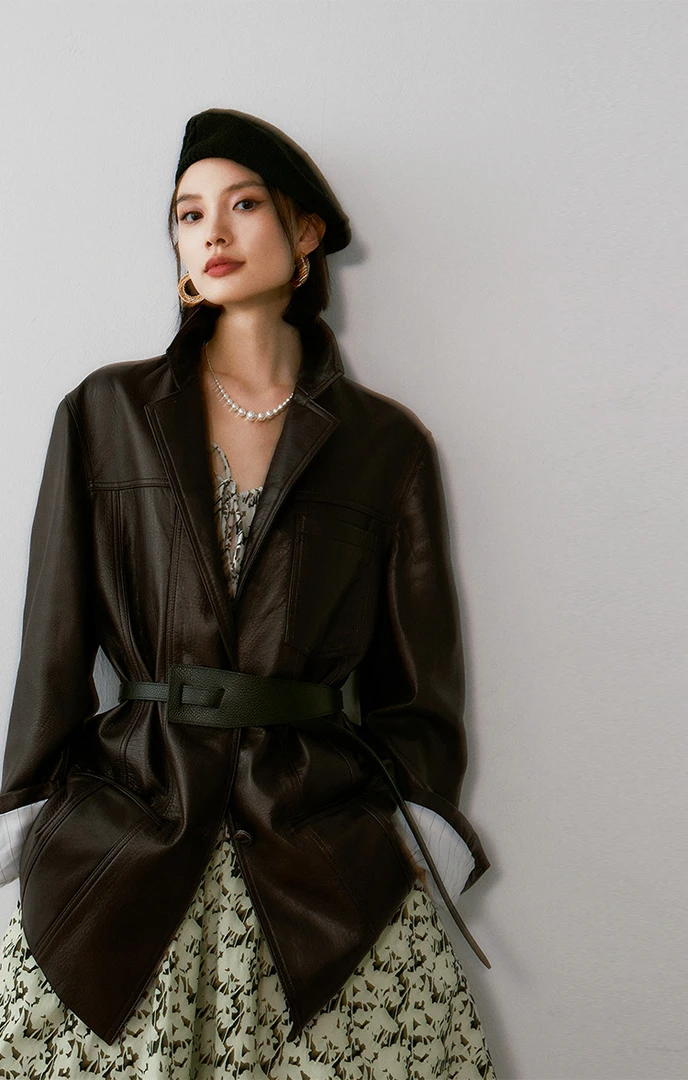 【 MAnZiliEn】新款欧美风复古显瘦真皮绵羊皮西装外套女