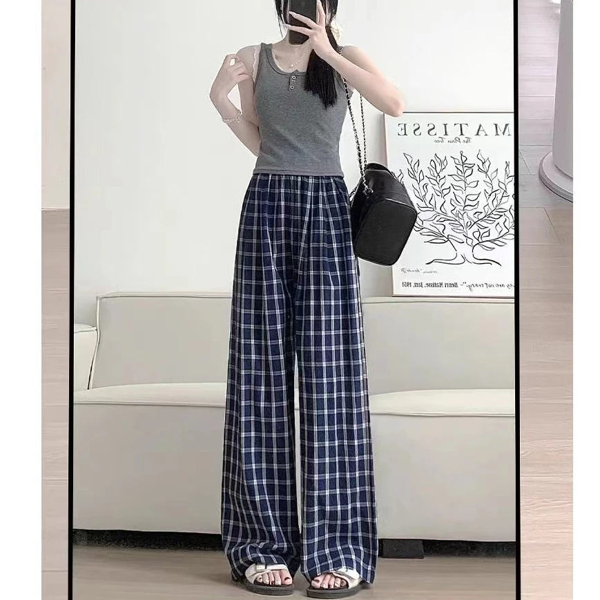 慵懒风感直筒格子裤子女高腰垂感宽松时尚洋气休闲裤阔腿拖地裤女