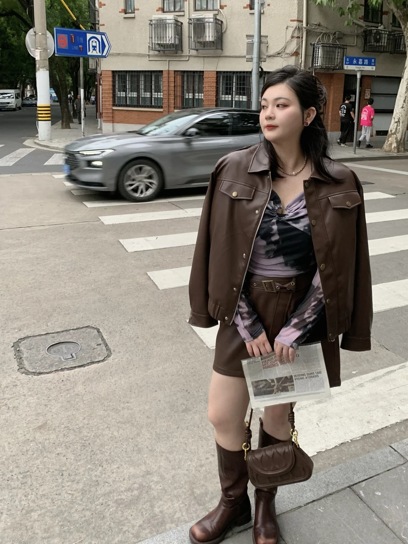 哒头.Studio【朋克少女】微胖mm大码显瘦2023新款显瘦皮夹克套装女