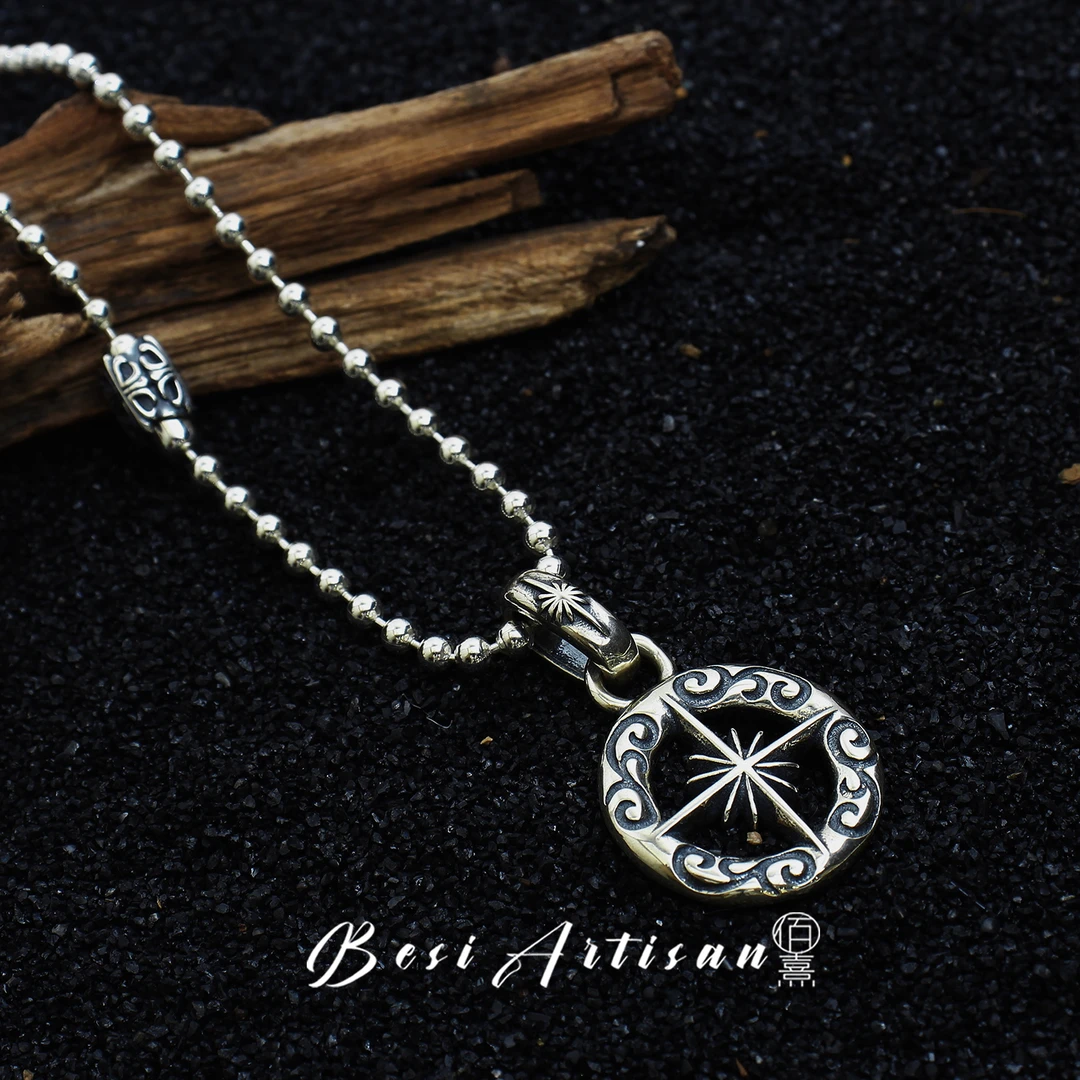 坠链均925银 藤草纹太阳十字光芒吊坠男士潮流欧美风时尚毛衣链坠
