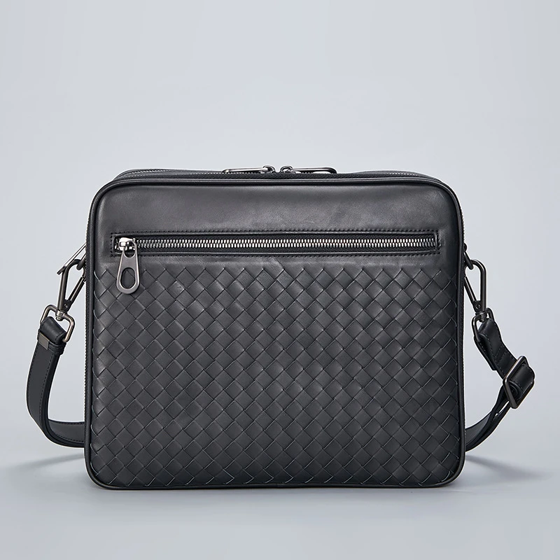 新款头层打蜡牛皮男士单肩包手工编织男斜挎包大容量挎包旅行包