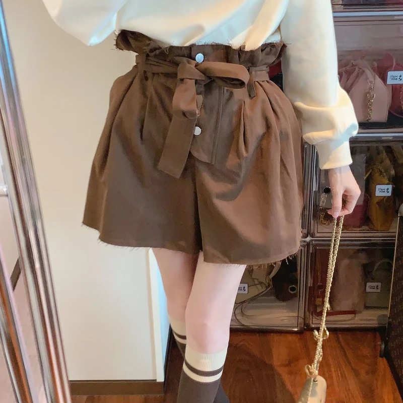 【张静芝】秋冬新品 洋气四粒扣棕咖宽松阔腿女生显瘦休闲短裤