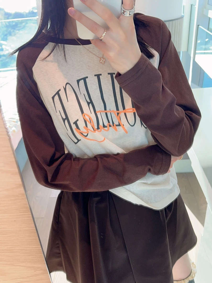 【张静芝】字母印花插肩袖撞色T恤