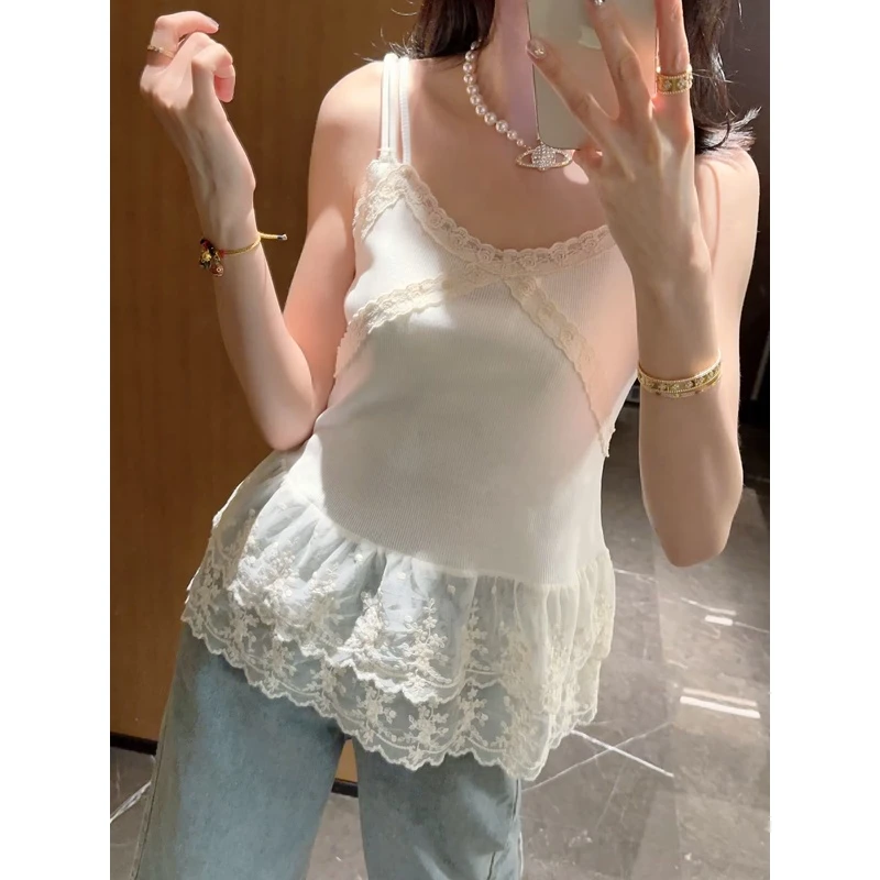 ◆张静芝 百搭刺绣层层蕾丝花边拼接气质女生性感吊带