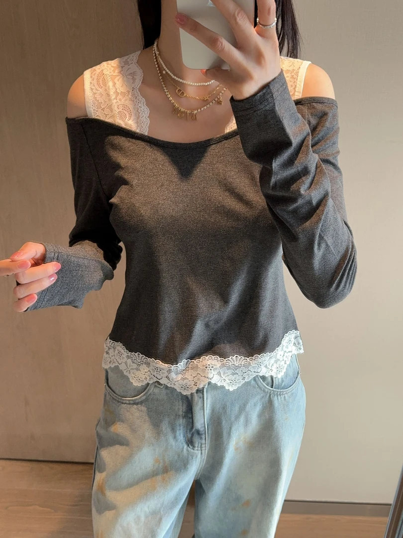 【张静芝】露肩蕾丝拼接假两件T恤