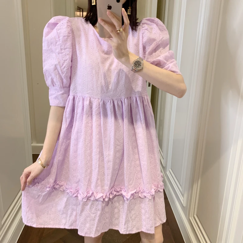 ◆张静芝 淡紫镂空刺绣小花复古泡泡袖高腰花边连衣裙