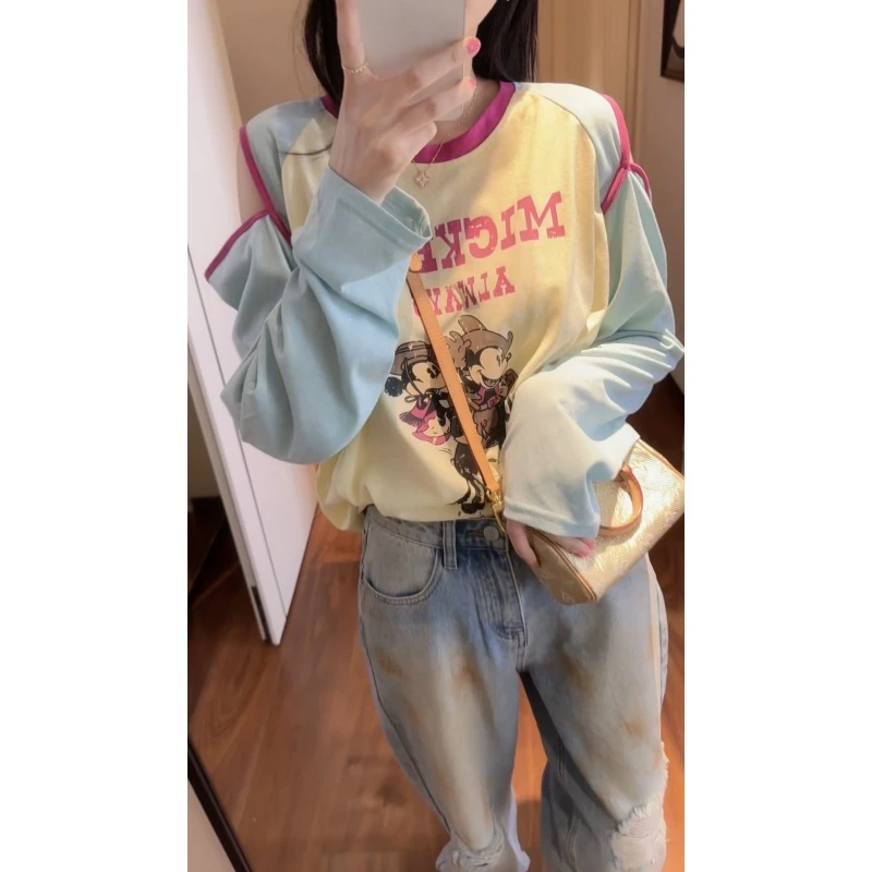 【张静芝】骑驴印花撞色包边露肩长袖T恤