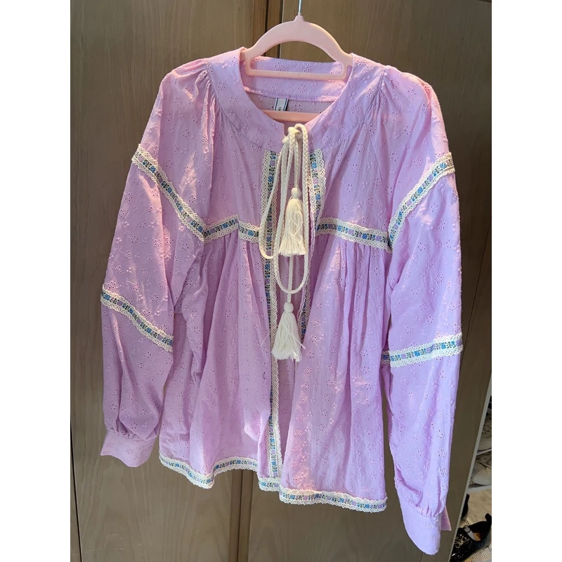 ◆张静芝 香芋紫重工蕾丝刺绣系带灯笼袖衬衫
