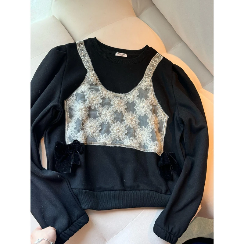 【张静芝】钉珠蝴蝶结拼接假两件卫衣