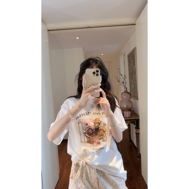 【张静芝】可爱卡通水果摊印花减龄洋气短袖T恤