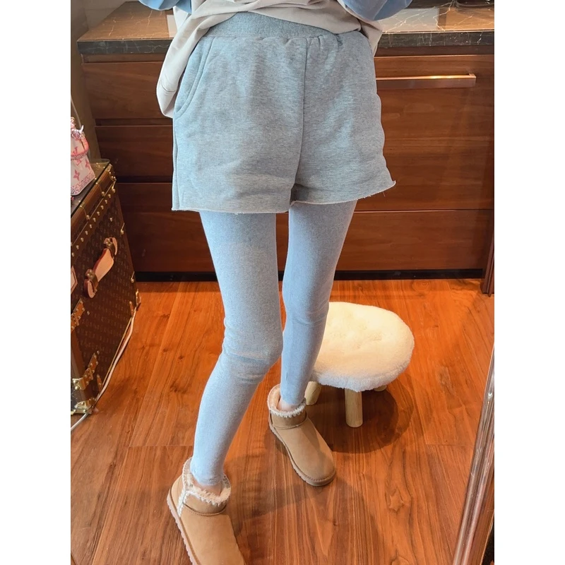 【张静芝】时髦洋气灰色休闲短裤拼接洋气假两件打底裤