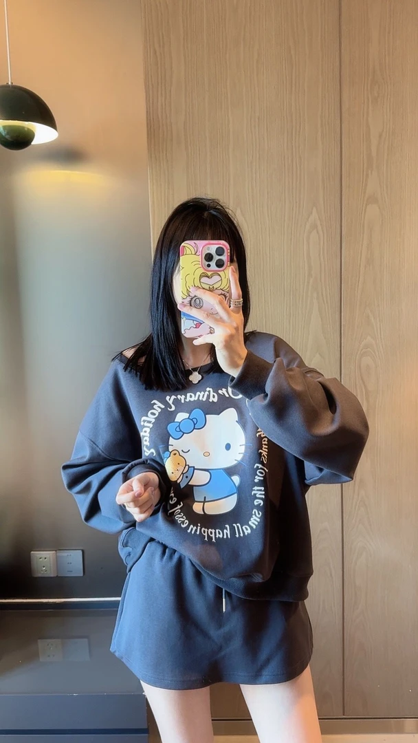 【张静芝】卡通猫咪印花卫衣+半身裙套装