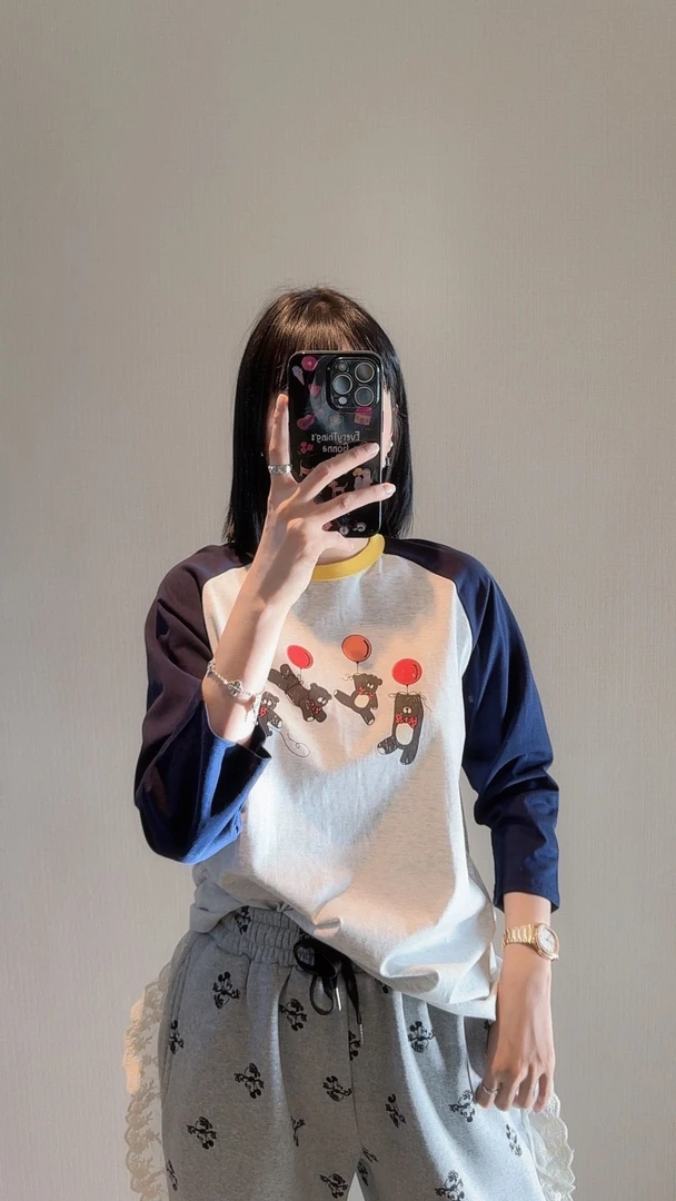 【张静芝】气球小熊卡通印花撞色插肩袖T恤