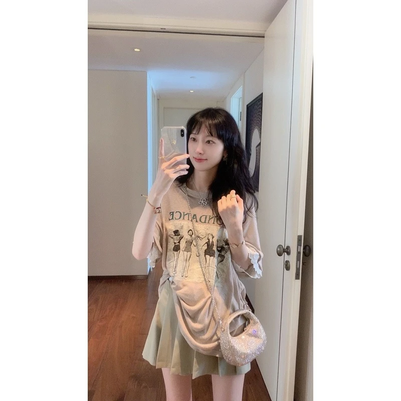 【张静芝】做旧美女印花奶咖T恤