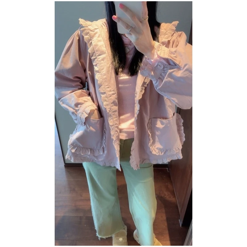 【张静芝】钩花边拼接连帽烟粉色外套