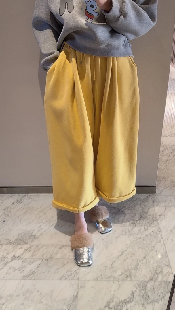 【张静芝】翻边黄色加绒阔腿休闲裤