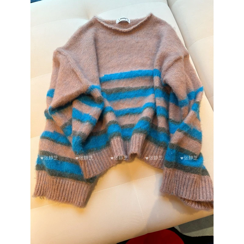 【张静芝】蓝条撞色柔软宽松毛衣