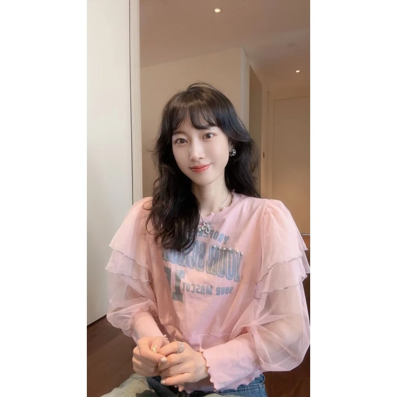 【张静芝】钉珠网纱袖重工字母印花拼接螺纹卷边秋冬女生卫衣
