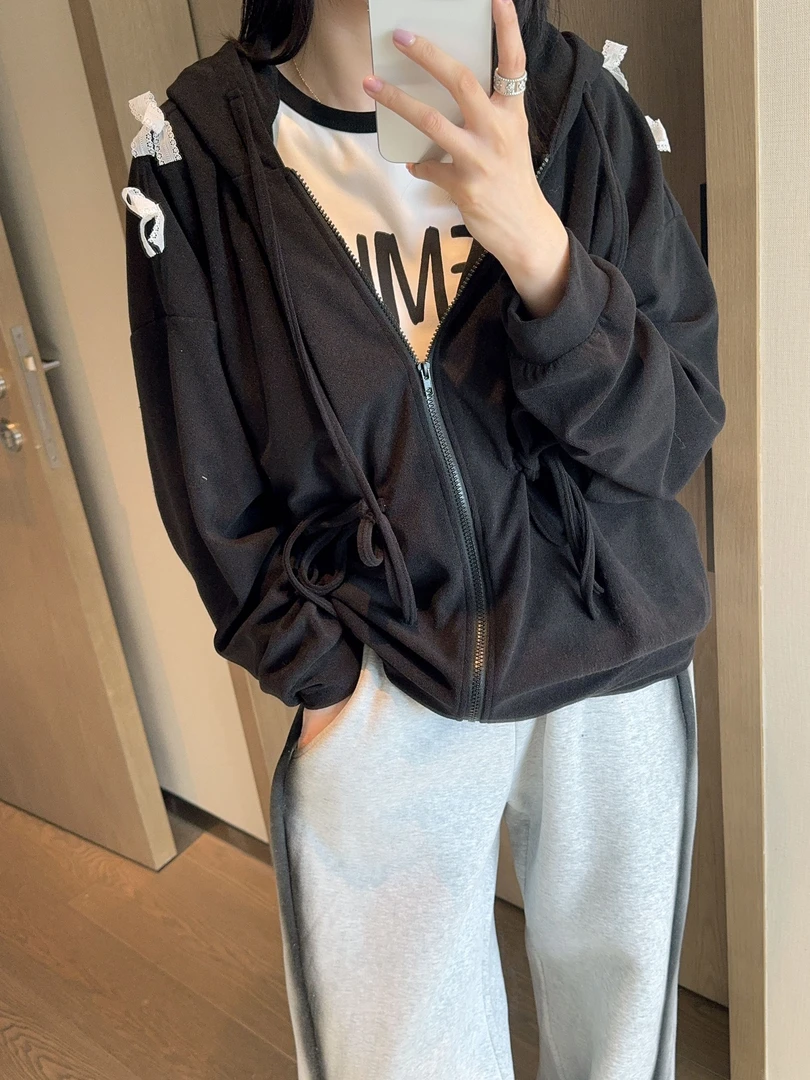 【张静芝】立体白色蝴蝶结系带连帽拉链外套