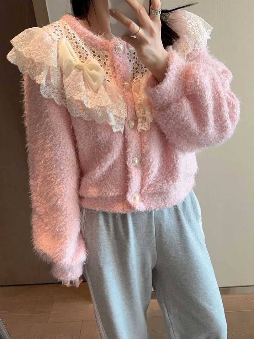 【张静芝】蕾丝花边蝴蝶结拼接甜美厚实外套